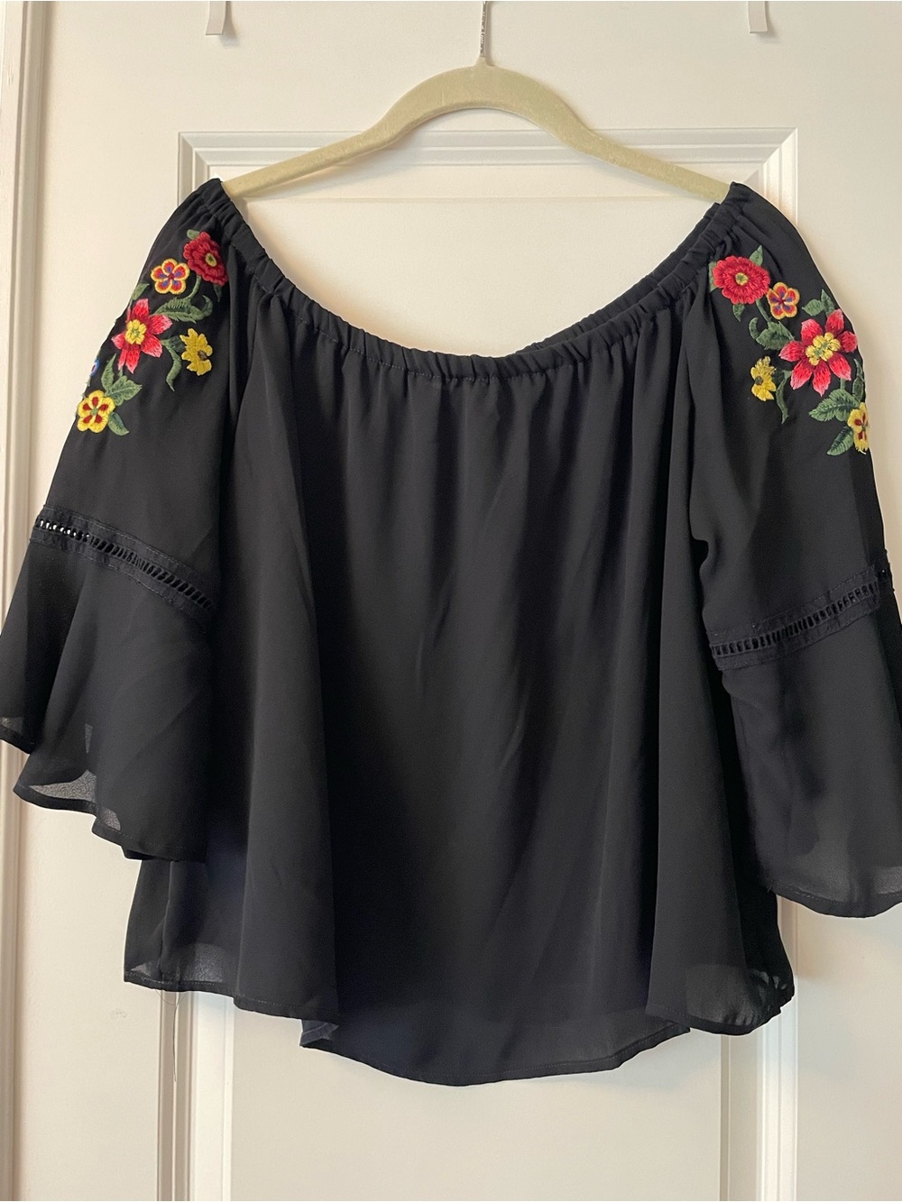 Black Off-Shoulder Top with Red & Yellow Floral Embroidery